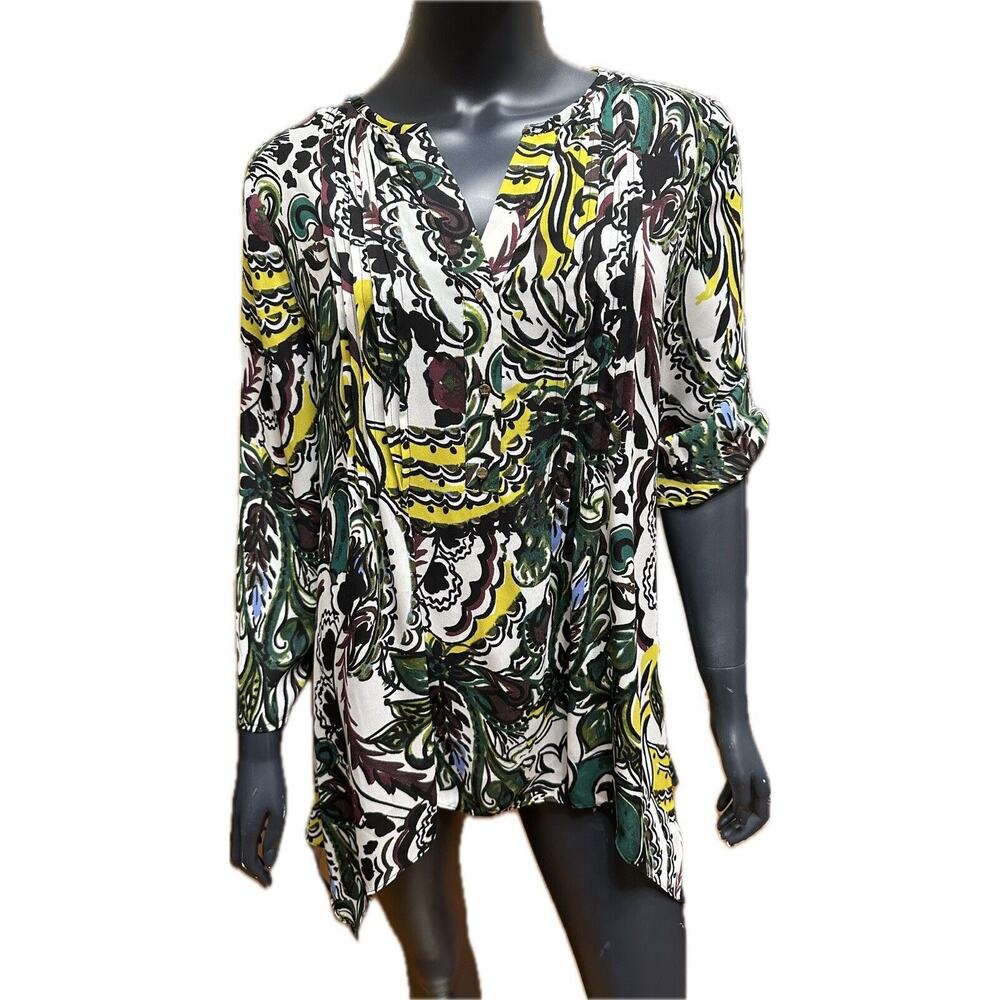 Chaus Blouse Size Small New Ivory Pintuck Multi Color Roll Tab Sleeves V-Neck